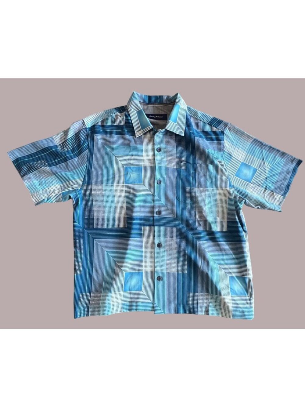 Tommy Bahama Mens Blue Geometric Short-Sleeve Silk Button-Up Shirt Size M